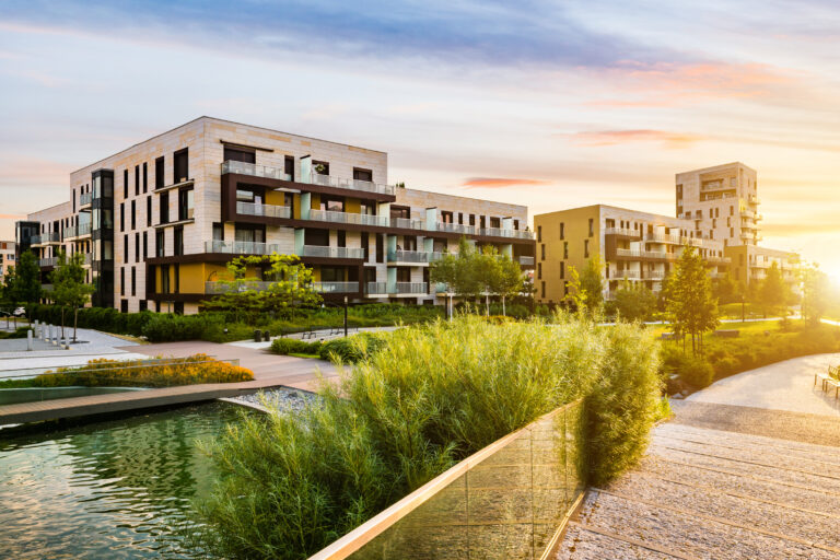 residential building in the public green park during sunrise